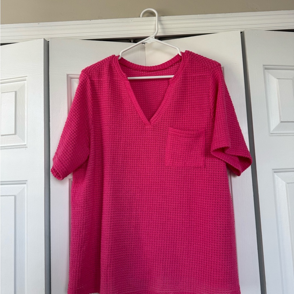 Vibrant Pink V-Neck Waffle Knit Top